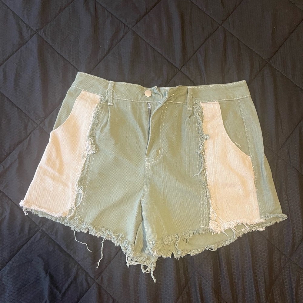 SHEIN Green and Cream Distressed Jean Shorts